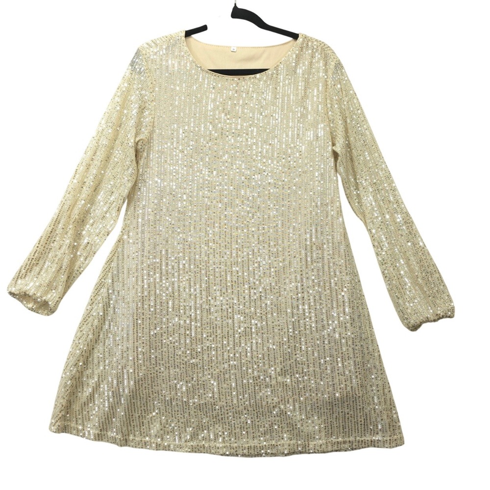 Gold Sequin Striped Mini Dress Long Sleeve Shift Party Cocktail Size S Festive